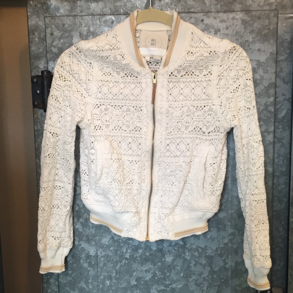 Anthropologie zip up jacket white crochet